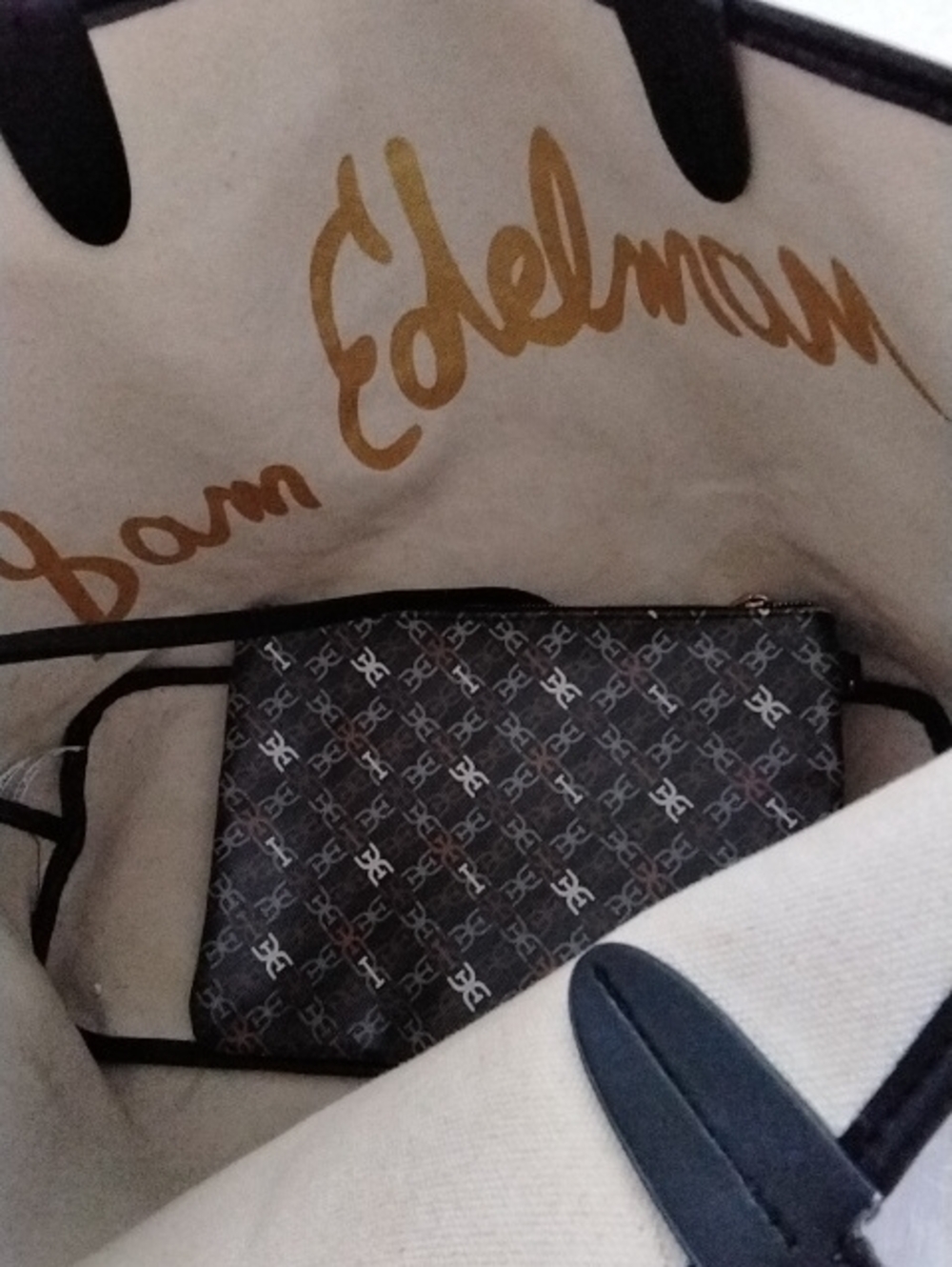 Sam Edelman Harper Monogram Shopper Tote Bag with Pouch - Black/Brown - Picture 3 of 4